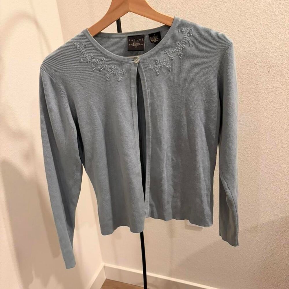 Vintage Tailor B. Moss Blue Beaded Floral Cardigan Sweater Size Small
